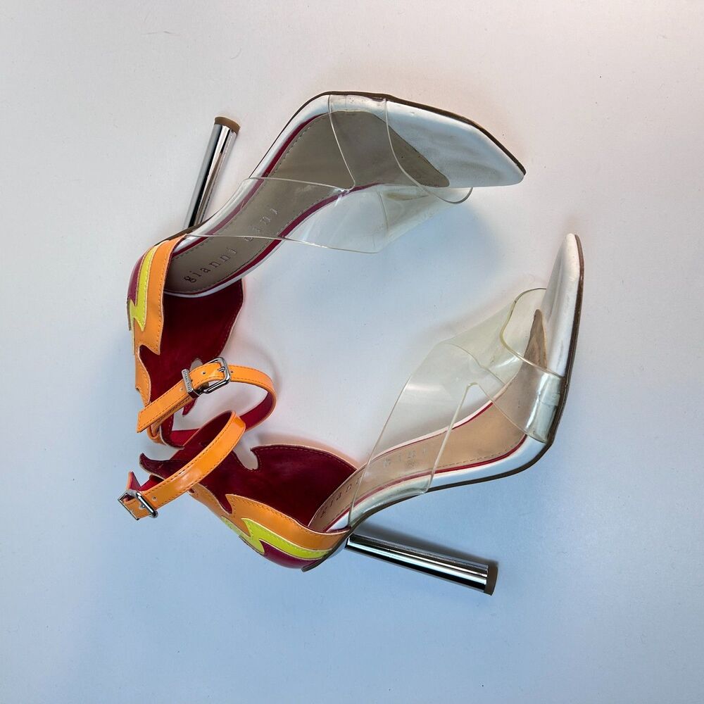 Gianni Bini Women's Red Orange Flame Patent Ankle Strap High Heel Sandals 7.5M - Picture 10 of 11